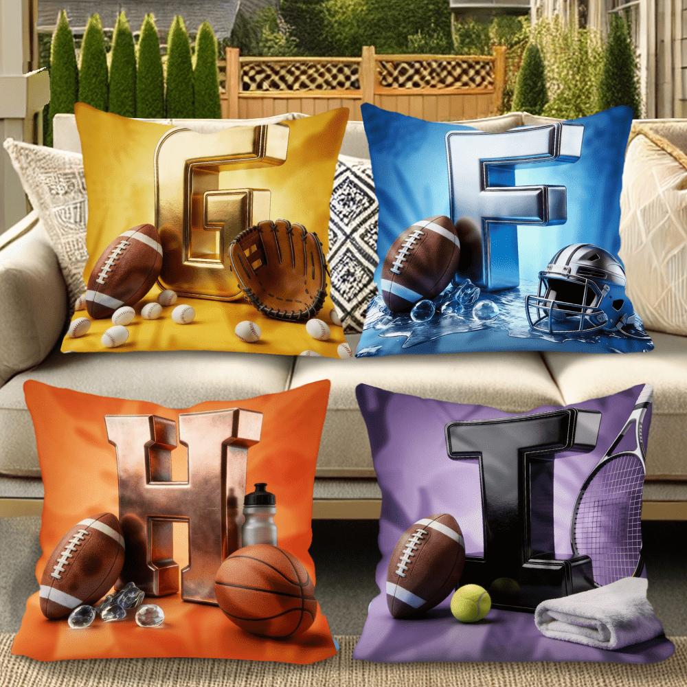 Letter Sports Throw Pillow Covers, Metallic G/F/H/I With Football Double-Sided Printed Cushion Cases, Sporty Monogram Home Decor