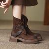 Soft Leather Thick-soled Boots Women's Autumn Plus Velvet Thick-heeled Retro Brown Short Boots