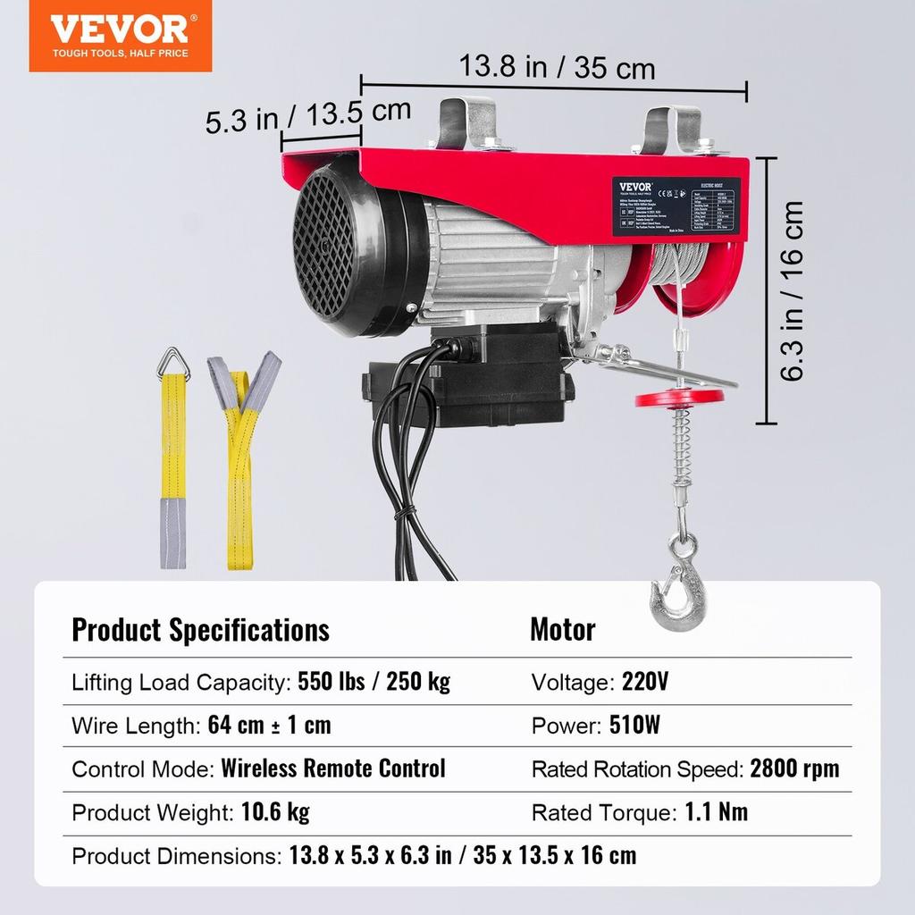Electric Hoist, 550 lbs Lifting Capacity, 510W 220V Electric Steel Wire Winch with Wireless Remote Control, 40ft Single Cable Lifting Height & Pure