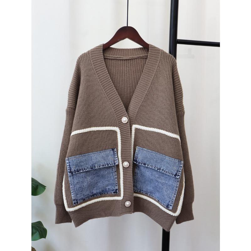 Осень и зима новый джинсовый кардиган с карманами, вязаный, свободного кроя, с темпераментом, универсальный свитер-куртка женский