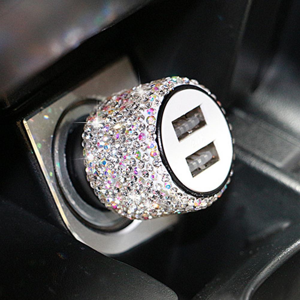 Новое блестящее автомобильное зарядное устройство USB 5 В 2,1 А, двухпортовый быстрый адаптер, розовый автомобильный декор, Стайлинг автомобиля с бриллиантами, автомобильные аксессуары, интерьер для женщин