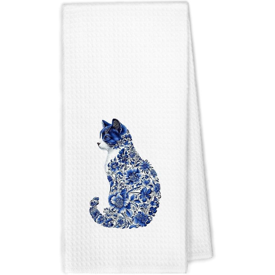 Flower Cat Kitchen Towels Set of 2, Floral Cats Mom Towels for Cat Lovers Women Girls Dish Hand Tea Towel, Cute Light Blue and White Chinoiserie