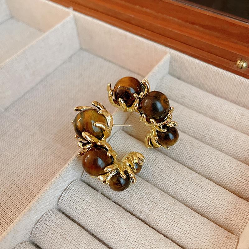 Серьги-пусеты «Серебряная игла» с тигровым глазом - Ретро, Высококлассные, Нишевый Универсальный Стиль и Элегантный Темперамент