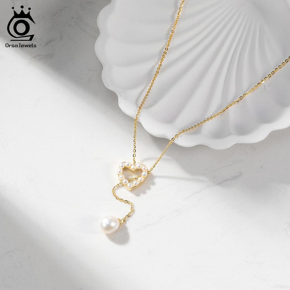 ORSA JEWELS S925 Подвеска-кулон в виде Сердца с Натуральными Жемчужинами, на Цепочке 14K Золота для Женщин, Винтажное Украшение GPN99