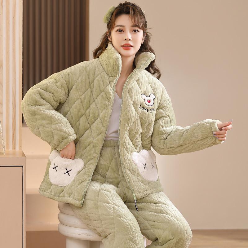 Коралловая бархатная трехслойная стеганая куртка и пижама для женщин Зимний фланелевой домашний костюм с очень толстой теплой молнией и бархатом