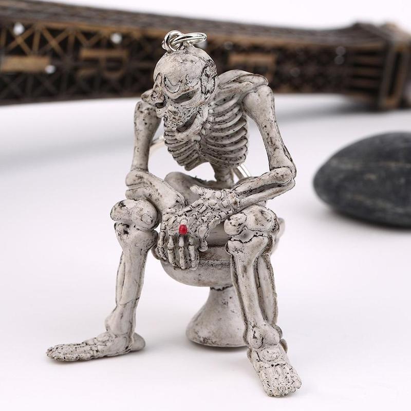 2 Pcs Skeleton On Toilet Key Chain Key Ring Novelty Gift Rubber / Metal Ring