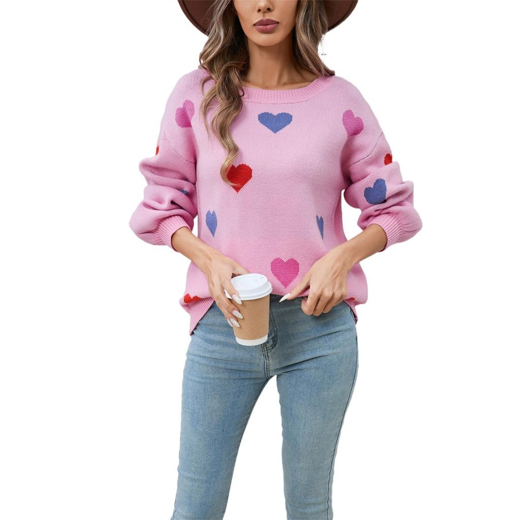 Женский свободный повседневный модный свитер с круглым вырезом и сердечком, вязаный свитер-рубашка