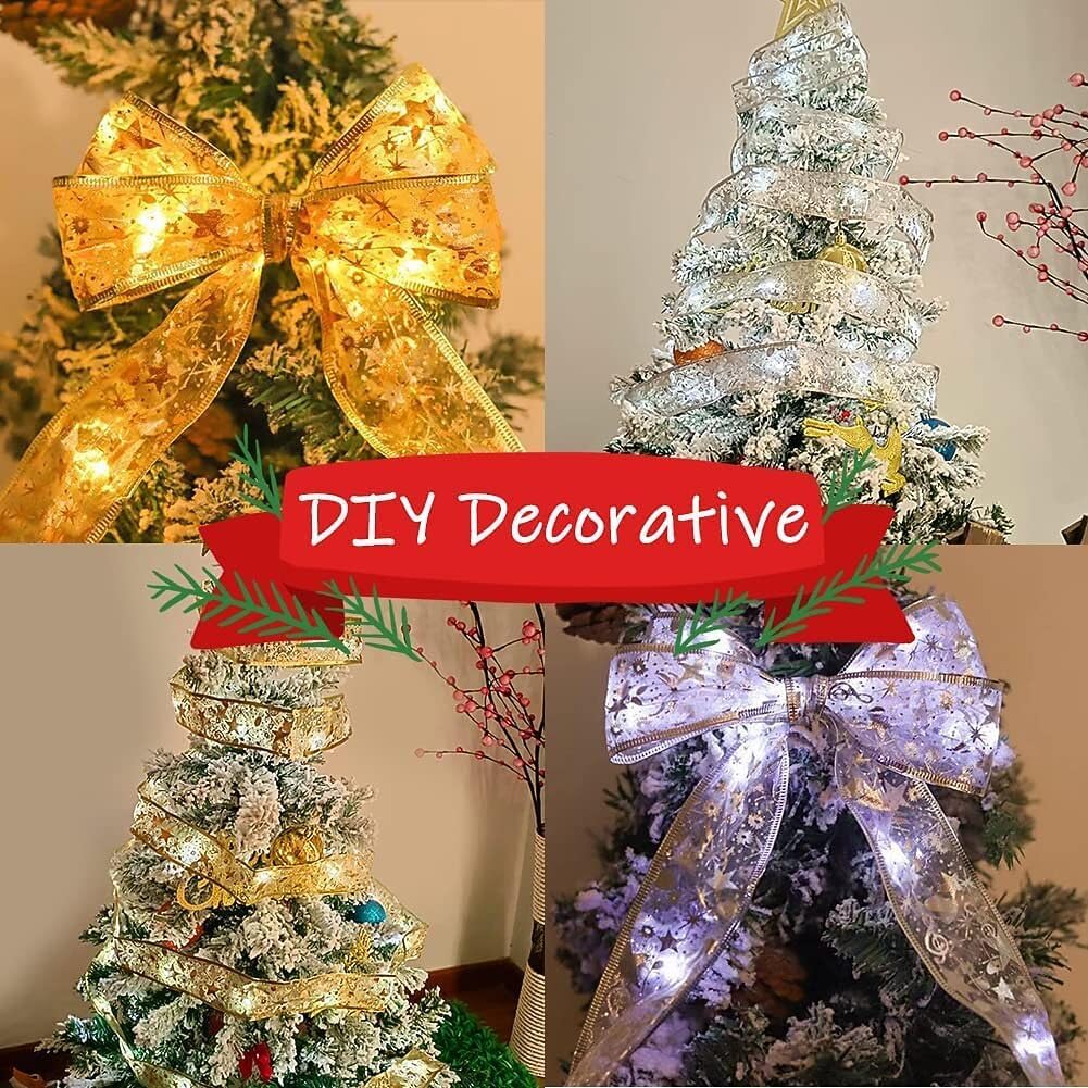 Christmas Decoration LED Ribbon Fairy Lights Christmas Tree Ornaments for Home DIY Bows Light String Navidad New Year (1m 10 LED Golden Warm Light)