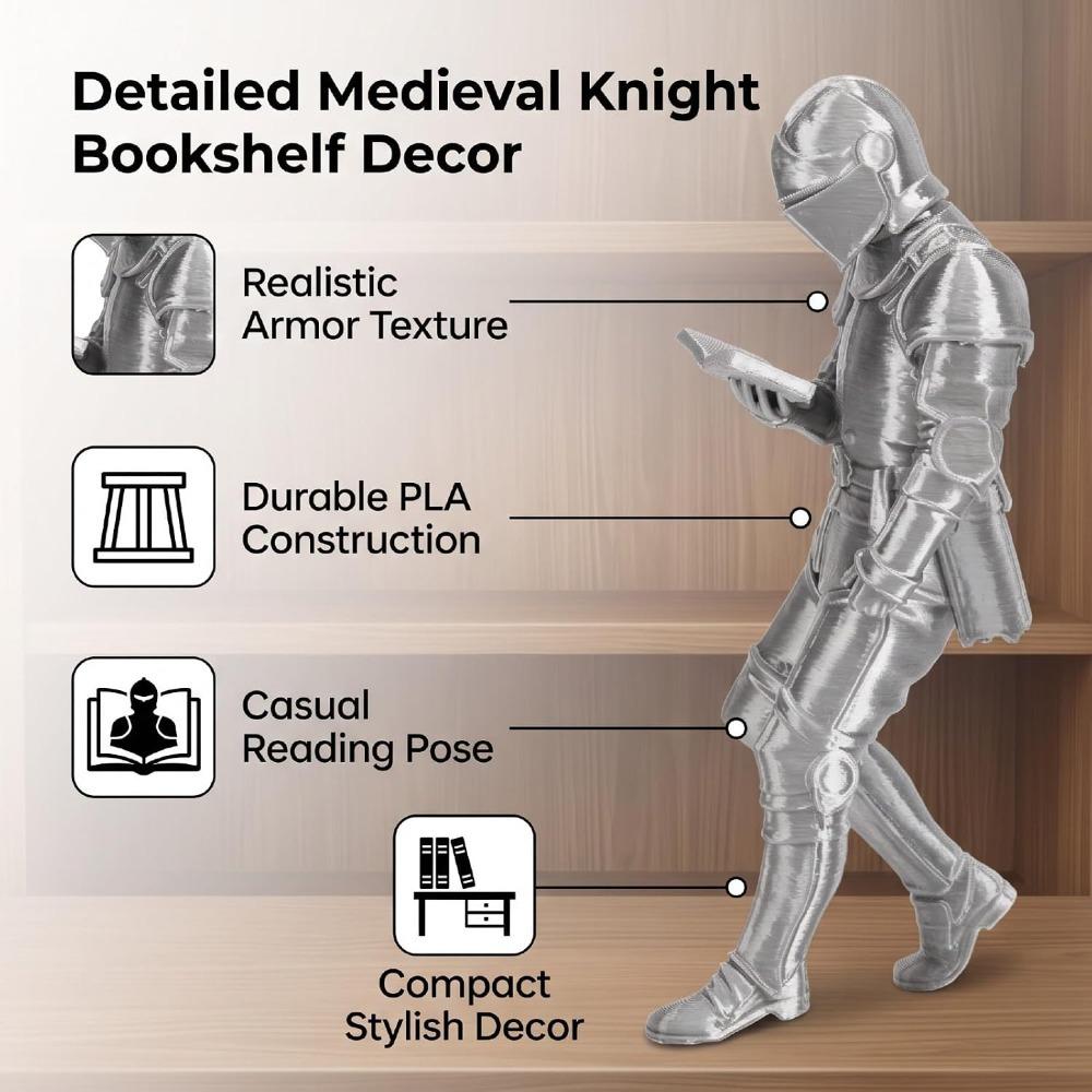 3D Printing Armored Knight Figurine Silver Gothic Library Figurine Medieval Fantasy