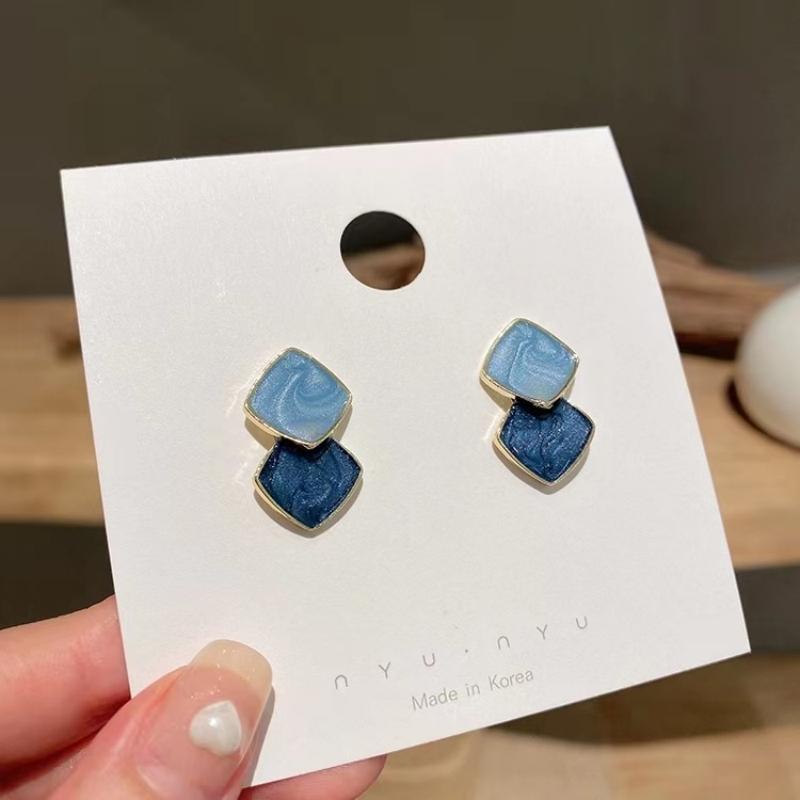 Enamel Blue Double Square Contrasting Color Stud Earrings for Women Modern Korean Fashion Cute Girl Geometry Zircon Accessories