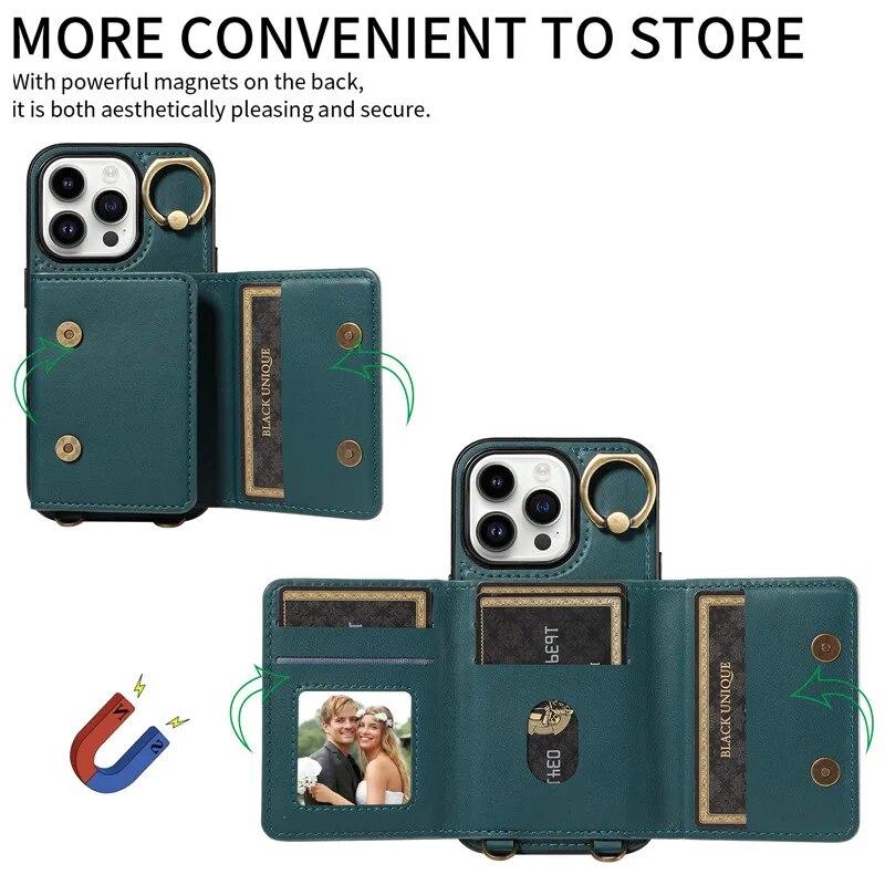 Кожаный чехол-кошелек с ремешком с кольцом для iPhone 15 Pro Max 14 Plus 13 Pro 12 Samsung Galaxy S24 Ultra S23 S22 21 FE A25 A15 A54 A34 A14, раскладной чехол для телефона