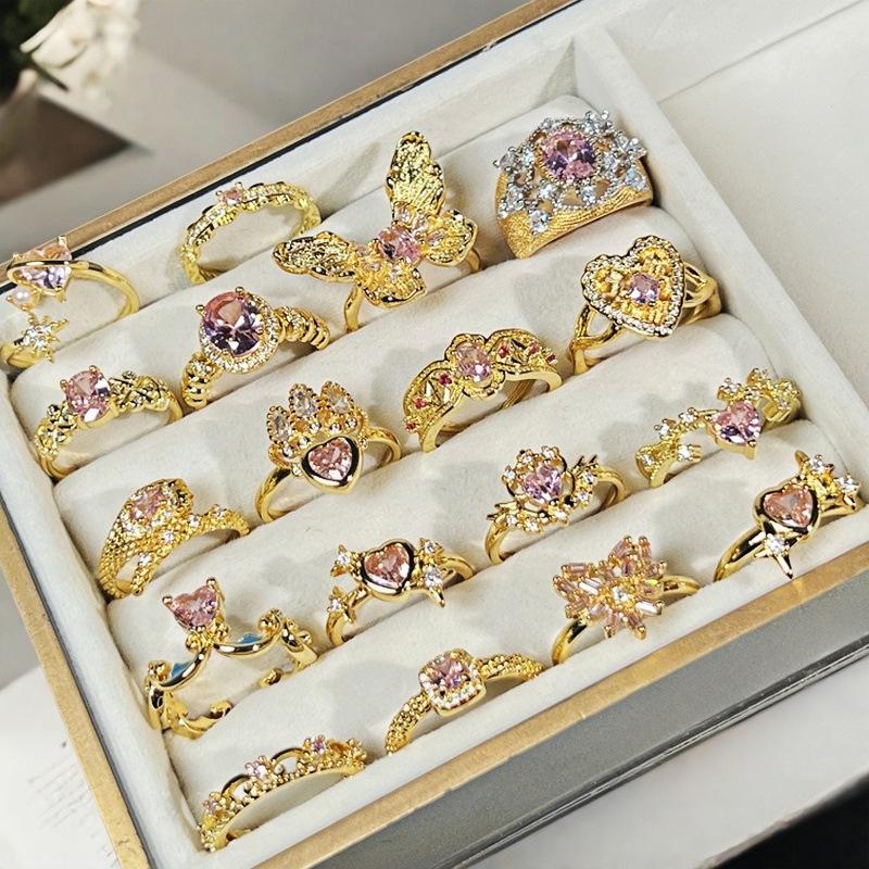 Милое Девушка Сердце Розовый Любовь Циркон Корона Открытое Кольцо Нишевый Дизайн Легкая Роскошь Высокое Чувство Модное Кольцо