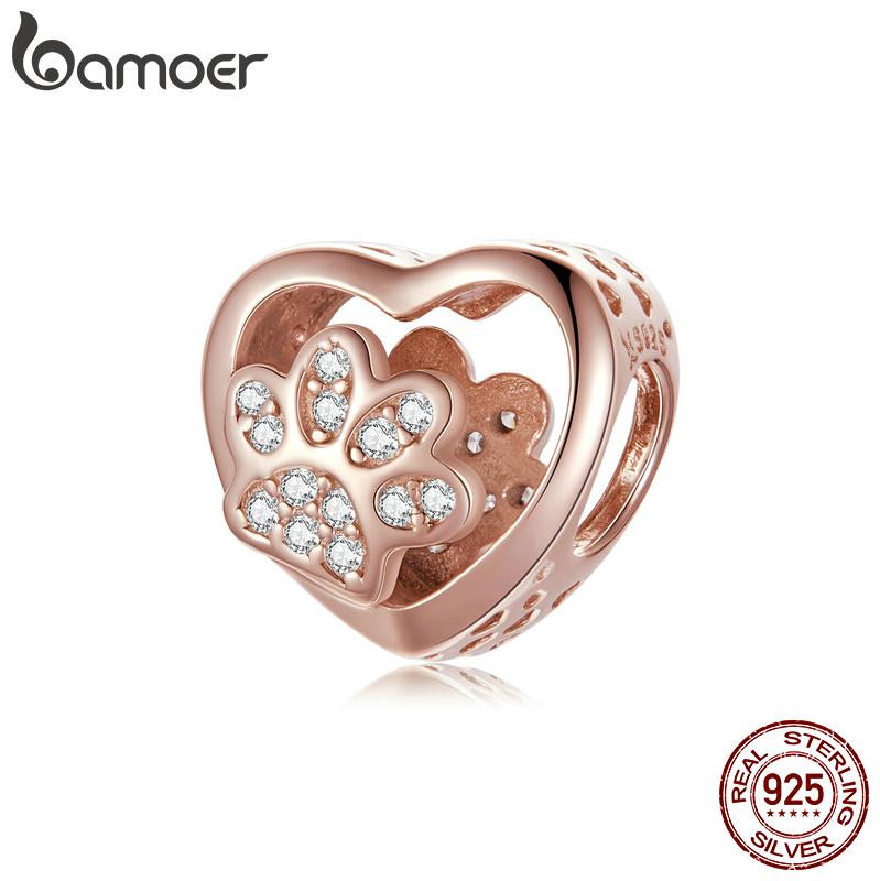 BAMOER 925 Sterling Silver Cat Love Heart-shape Charm Paw Footprints Heart Charms Beads Fit Original Bracelet