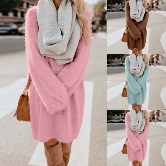 Шикарный женский осенний однотонный свитер с круглым вырезом, пушистое свободное платье длиной до колена