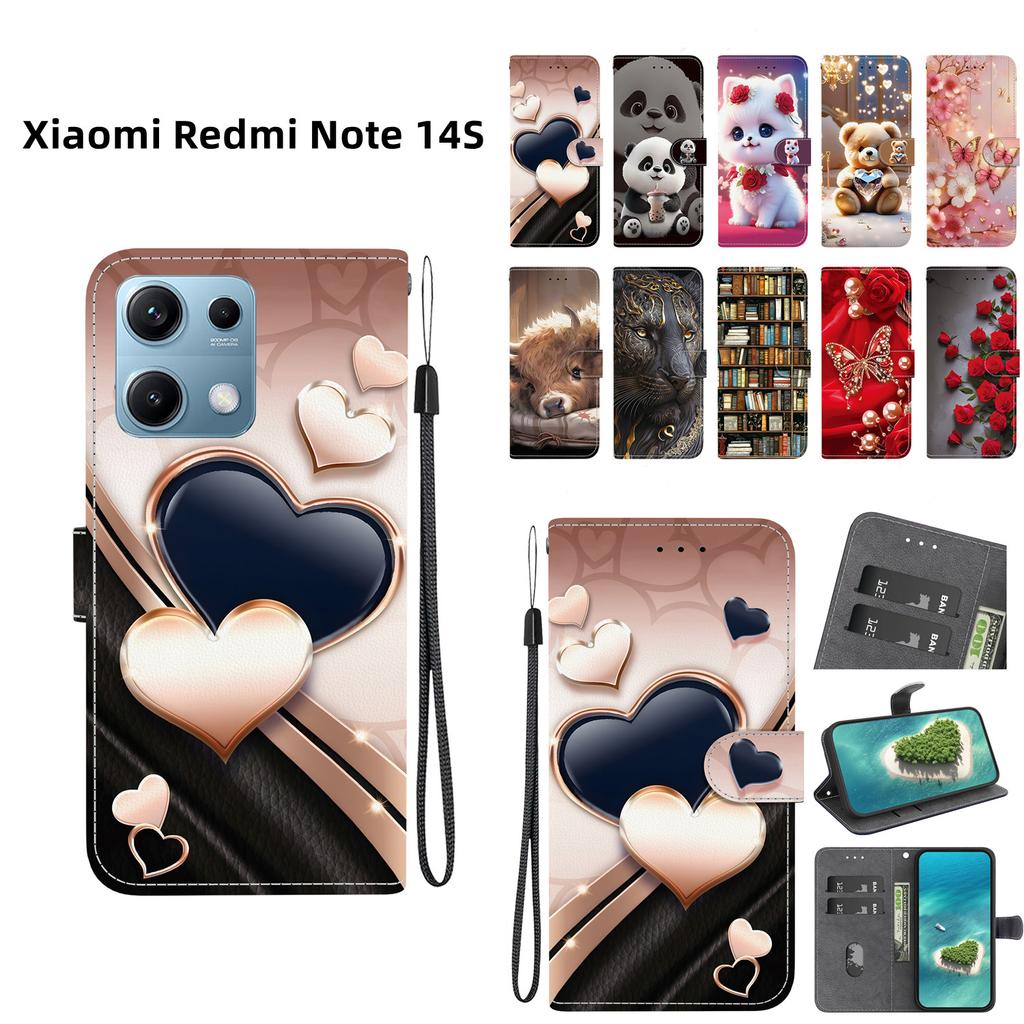 Чехол-книжка из искусственной кожи ручной работы для Xiaomi Redmi Note 14S, противоскользящая противоударная обложка с ремешком на запястье и дизайном в виде кошки с сердечком/розой