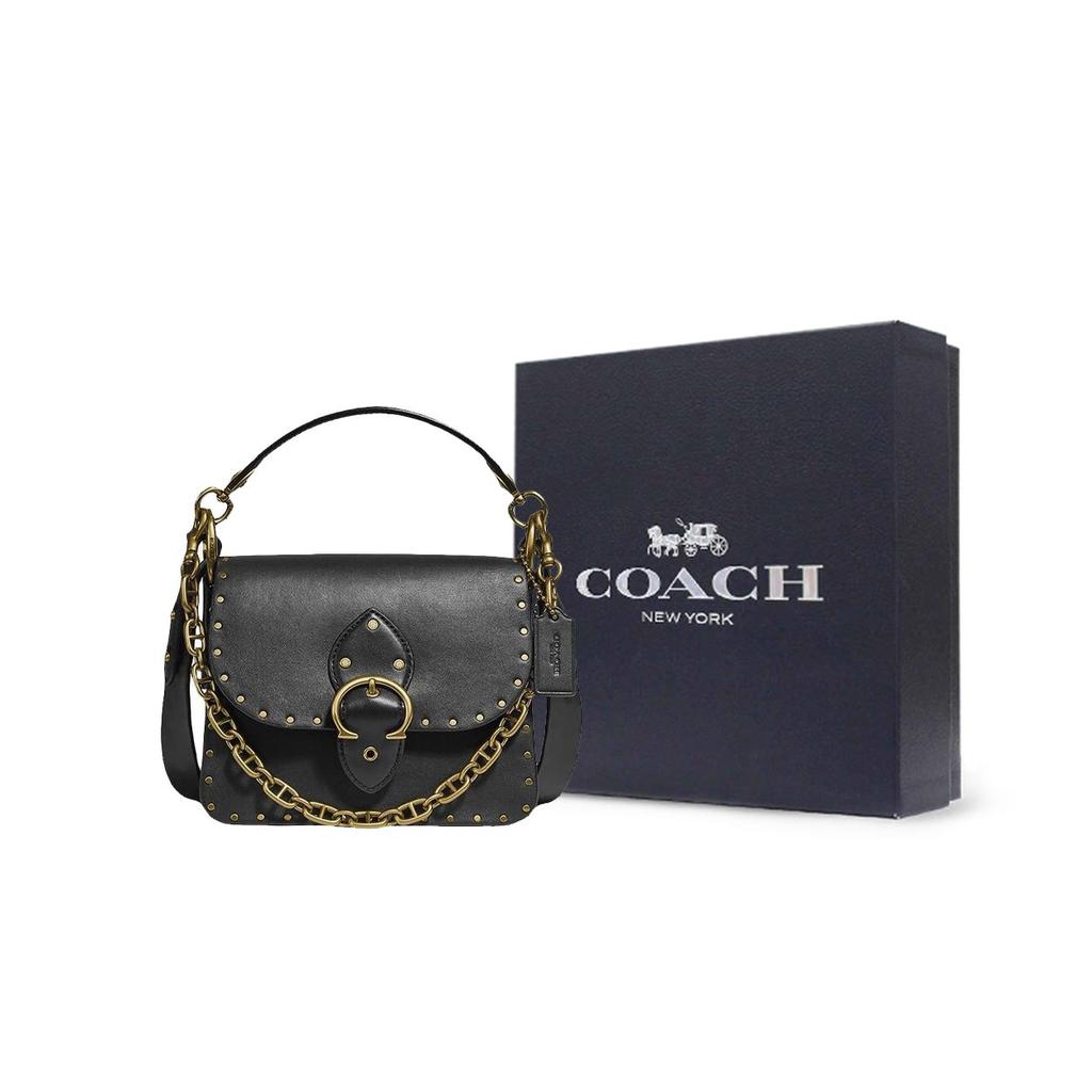 Coach Beat 18 Цепь с шипами Кожаная Маленькая Квадратная Сумка Женские Сумки Черный 4600-B4BK