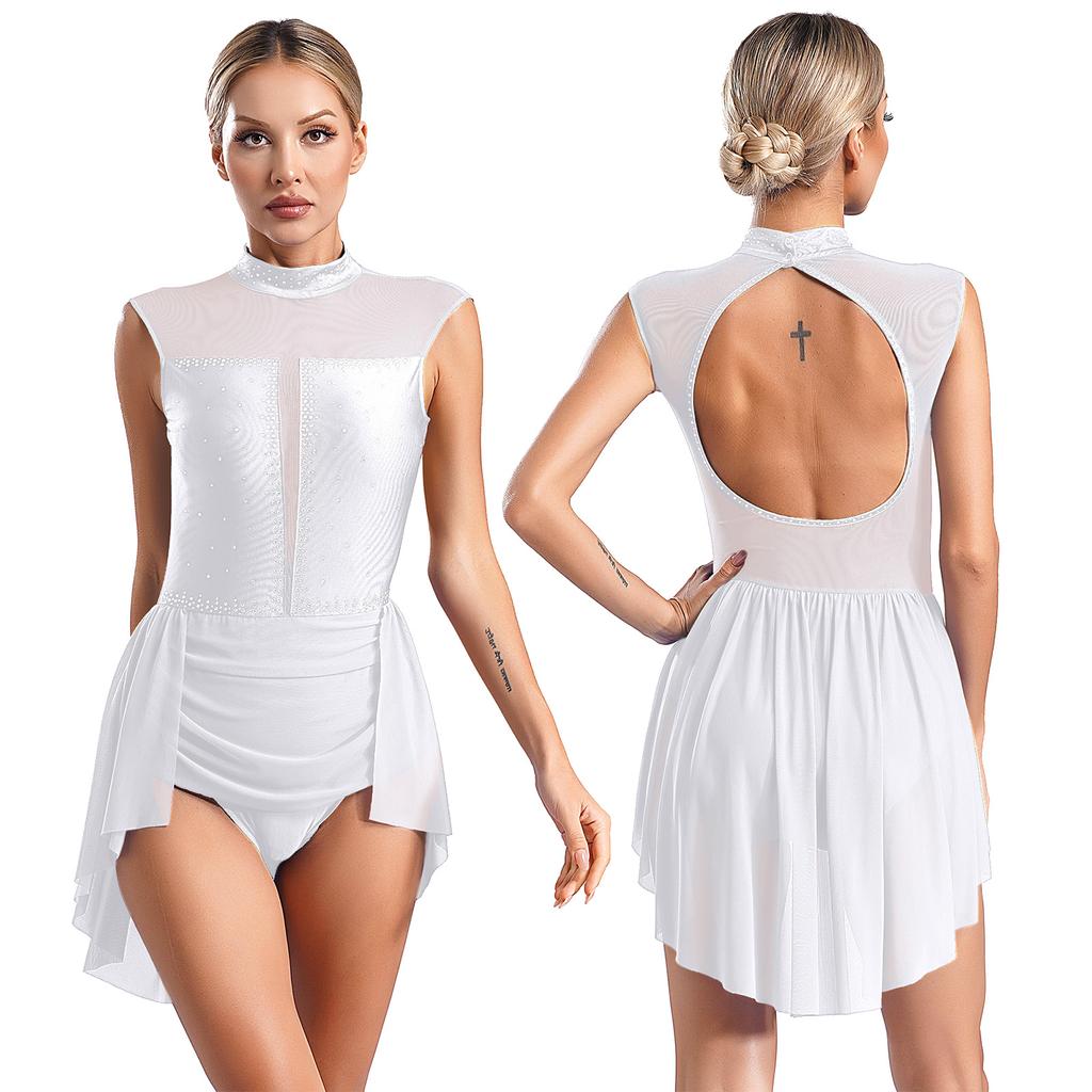 Женский лирический танцевальный костюм танцевальная одежда без рукавов открытая спина прозрачная сетка пэчворк блестящие стразы купальник платье