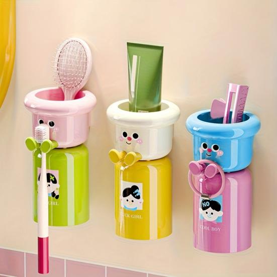 Cartoon Toothbrush Cup Holder Wall Mounted Storage Rack Space Saving Magnetic Upside Down Mouthwash Cups No-Drill Bathroom Organizer
