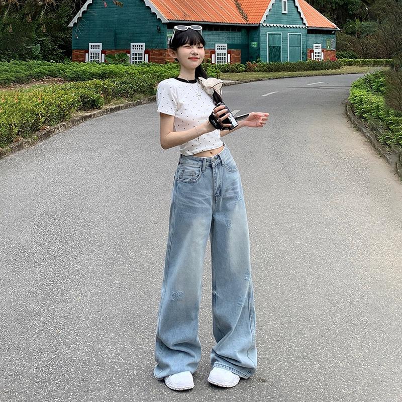 Autumn New Washed Ripped Loose Straight Jeans Women's High Waist Skinny Loose Wide Leg Pants American