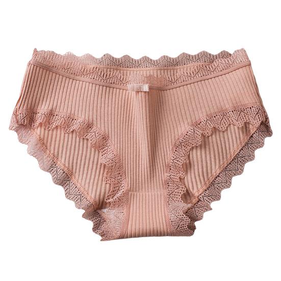 Women Underpants Thread Mid Waist Lace Edge Solid Color Elastic Cotton Crotch Moisture-wicking Stretchy