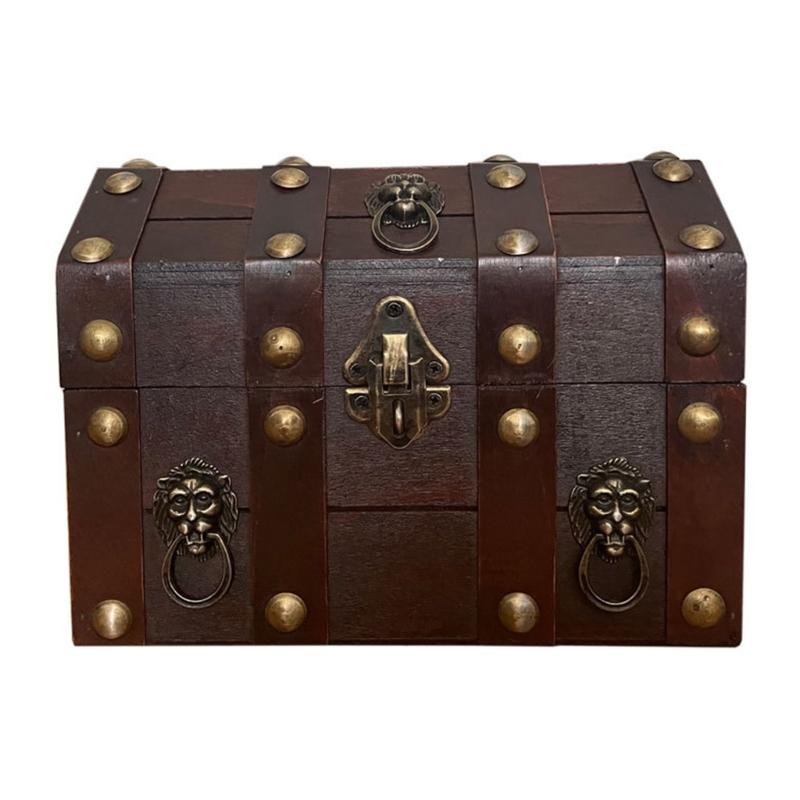Деревянный ящик для хранения в античном стиле с замком и крышкой для ювелирных изделий и памятных вещей Декоративный сундук с сокровищами Украшение для дома