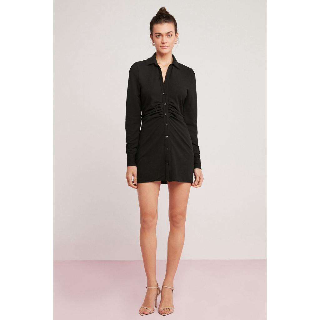 Rhea Women's Knitting Crepe Interlock Drape Detailed Shirt Collar Buttoned Mini Size Black Dress