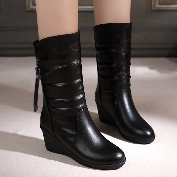 Winter Warm Fur Boots Womens Boots High Heels Side Zipper Female Shoes Black Woman Boots Shoes Wedge Boots Shose Women