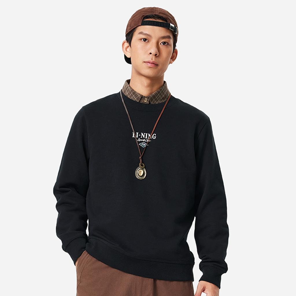 Li Ning Sports Lifestyle Series Fashion Casual Streetwear American Vintage Letter Print Флисовая теплая толстовка Мужская толстовка черного цвета AWDU679-3