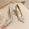 2024 spring and autumn new popular French silver wedding shoes rhinestone pointed high heels bow stiletto temperament single shoes