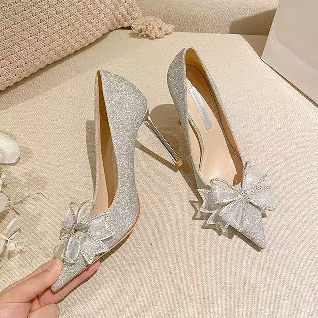 2024 spring and autumn new popular French silver wedding shoes rhinestone pointed high heels bow stiletto temperament single shoes