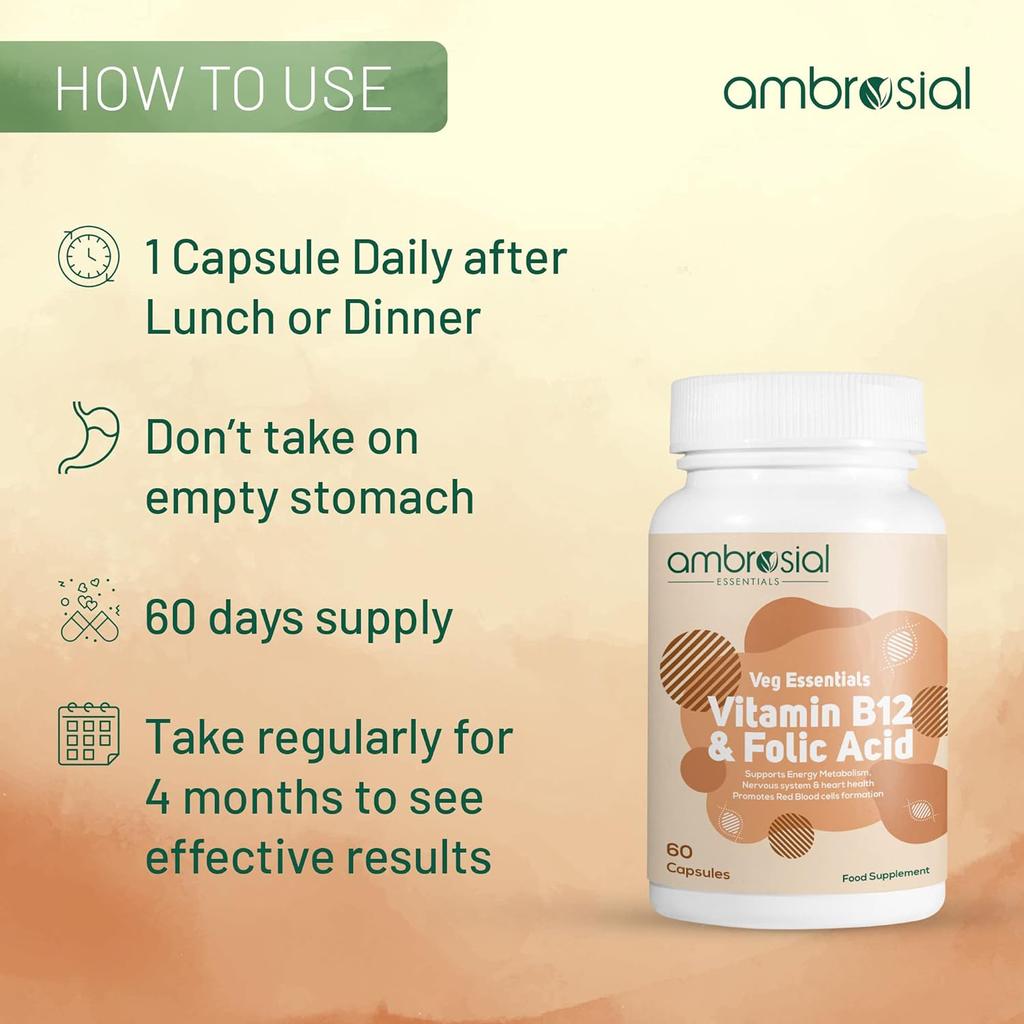 Ambrosial Vitamin B12 1000 мкг + 500 мкг фолиевой кислоты | 1500 мкг | Добавка B12 | Поддержка иммунной системы, энергии и мозга (Упаковка 1-60 капсул)