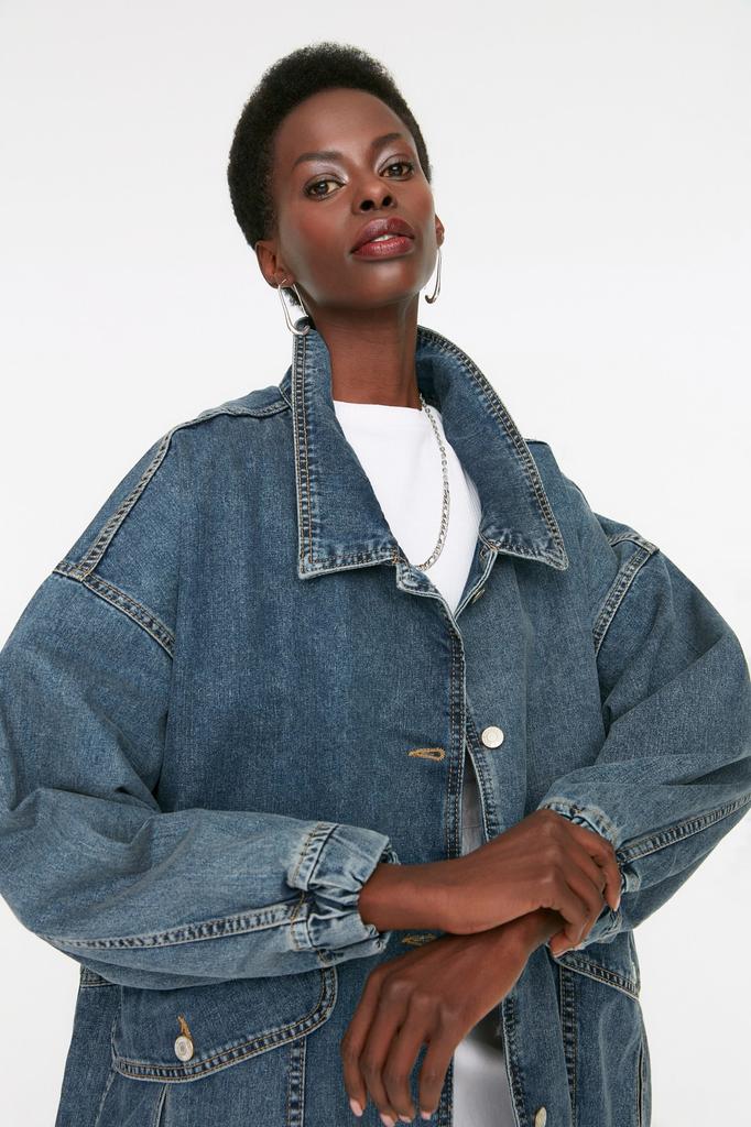 Women's Fashion New Jacket Black Pocket Detailed Oversize Denim Jacket