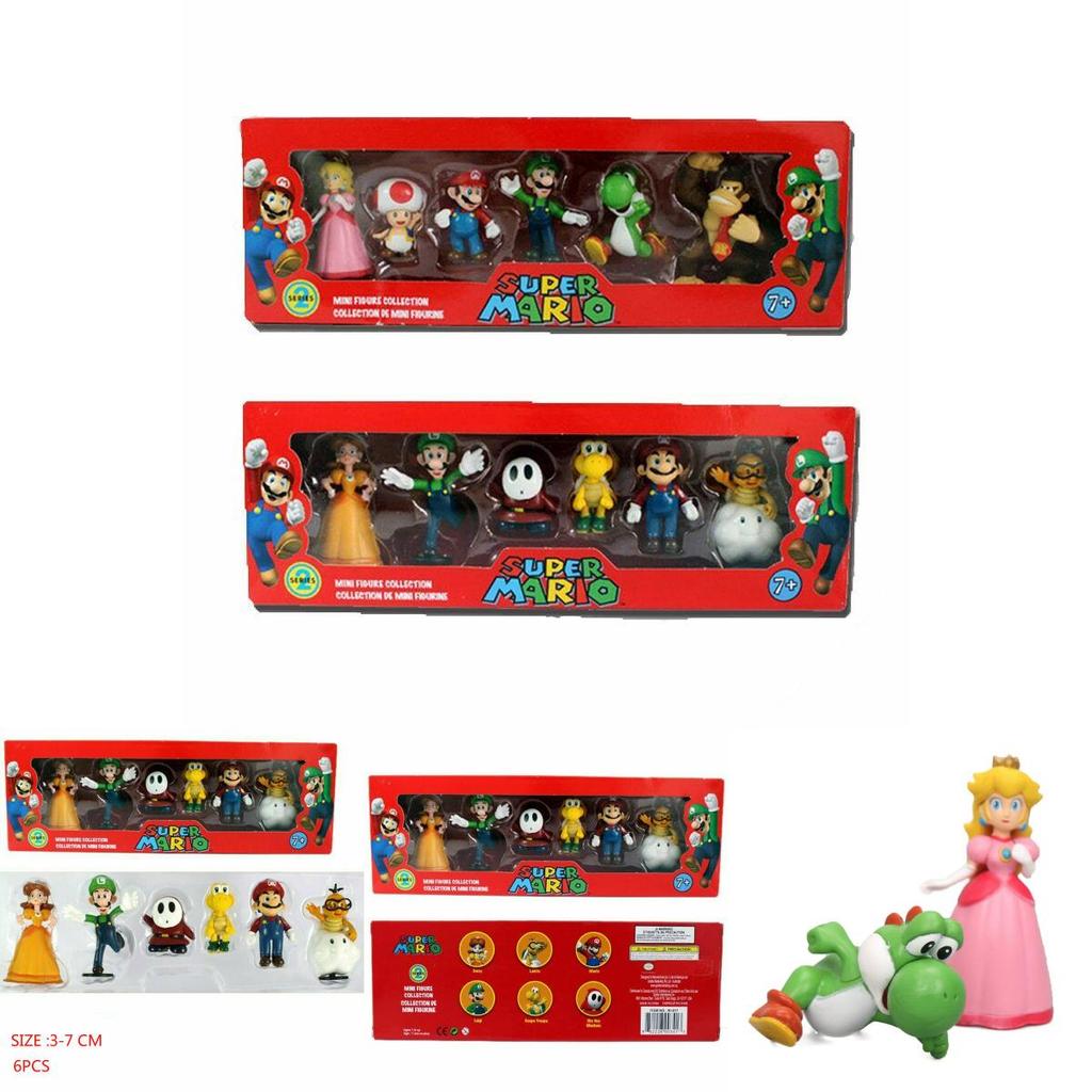 Набор из шести фигурок Супер Марио Брос, включающий Луиджи, Йоши и коллекционные грибы для детей