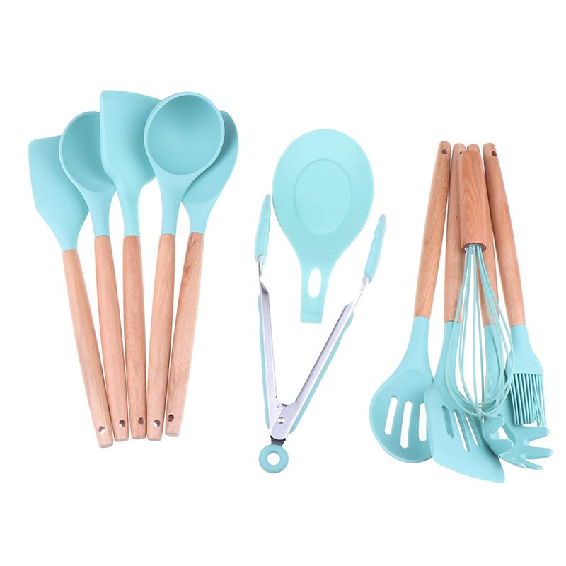 Силиконовый набор кухонных принадлежностей для приготовления пищи с бамбуковыми деревянными ручками