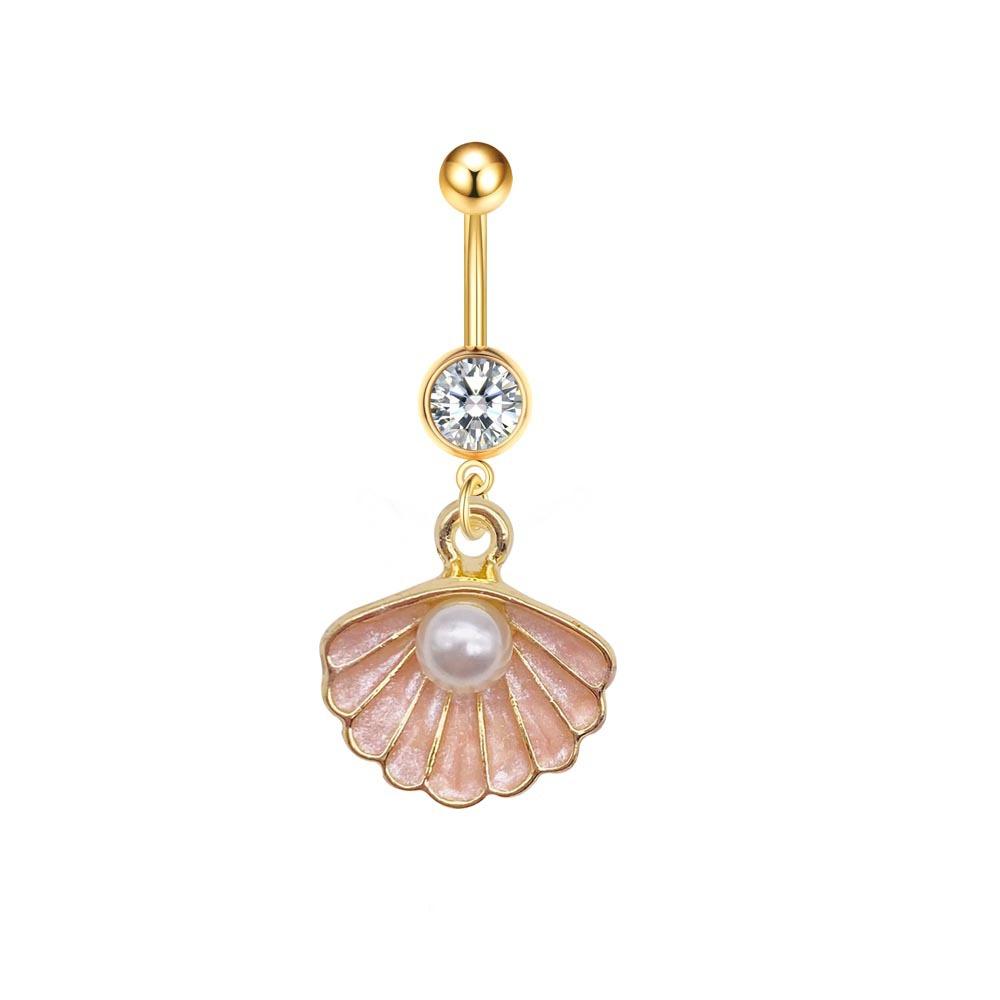 1Pcs Stainless steel belly button ring with pearl and shell pendant as belly button piercing jewelry