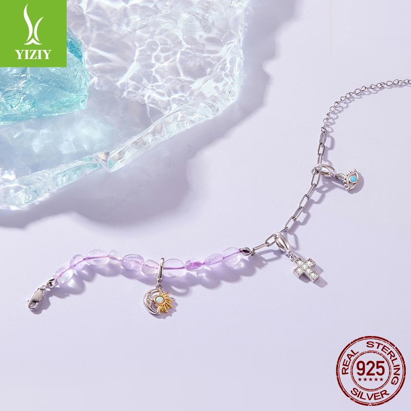 Purple Crystal Asymmetric Bracelet Romantic And Elegant S925 Sterling Silver Niche Bracelet Cross-Border