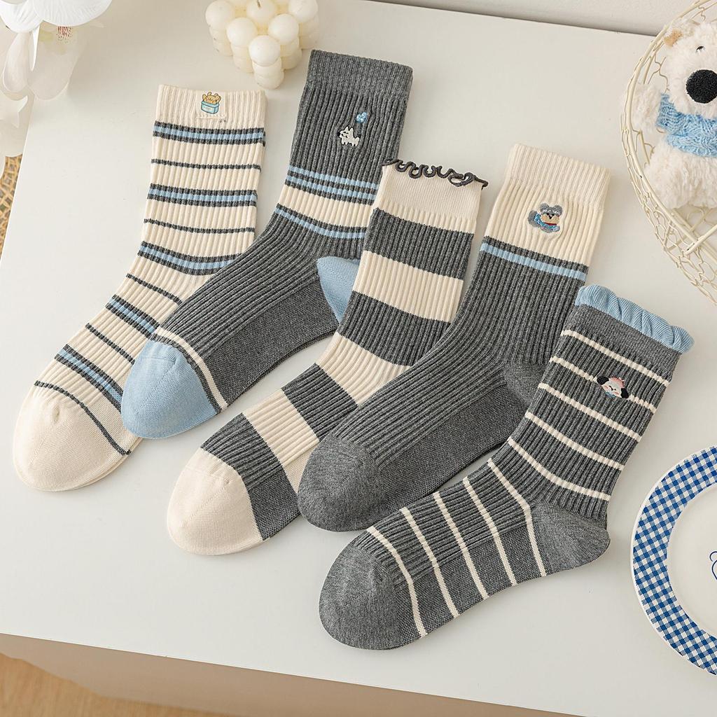 Женские осенне-зимние милые носки до середины икры с щенками, корейский и японский стиль, цветные блоки, полосатые и теплые