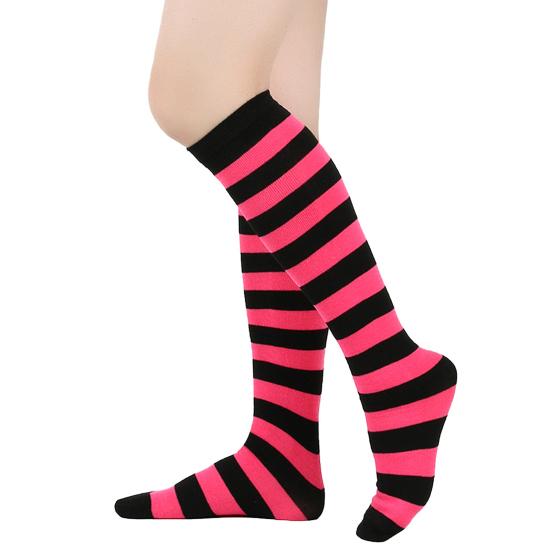 Women Striped Knee-high Socks Colorful Stretchy Knee-length Socks Ribbed Leg Warmers for Costume Party Street Daily Wear