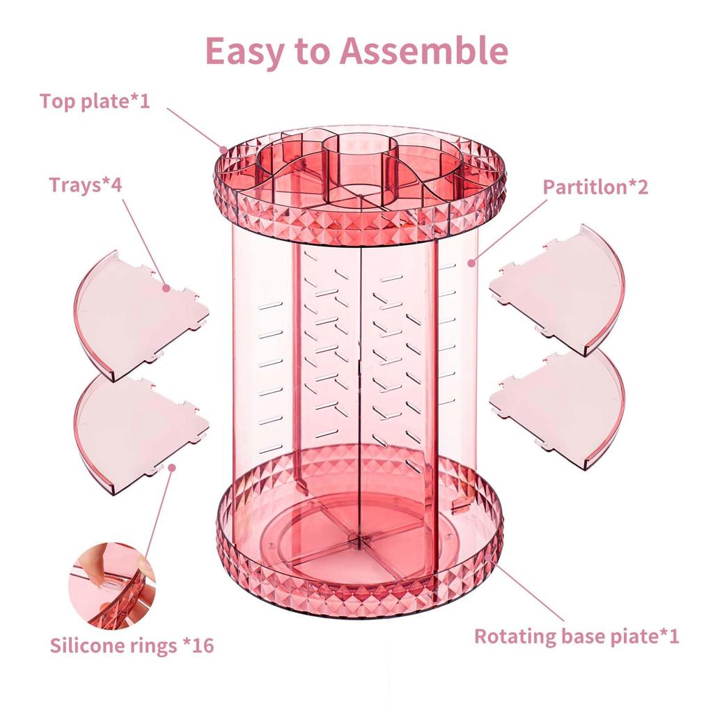 Large Capacity Acrylic Makeup Box with Rotating and Diamond Perfect for Cosmetics and A Gift for Women Pink Diamond Pattern Dividers, 360° Design,