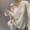 Элегантная милая футболка с бантом для женщин, свободная, с асимметричным вырезом, длинным рукавом, повседневная, с кружевной отделкой, однотонная, модные топы, футболки весна осень