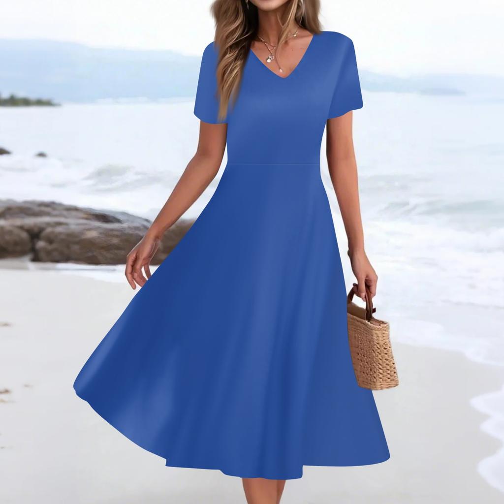 Women's Summer Casual Fashion Print Pocket Short Sleeve V-Neck Swing Dress