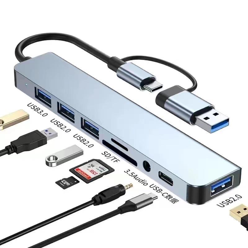 Двухпортовая USB-C док-станция: 8-в-1 Многофункциональное зарядное устройство и концентратор данных для ноутбуков