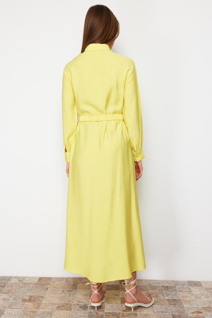 Women's Fashion New Hijab Dress Cinnamon Waist Elastic Belted Pocket Detailed Woven Dress