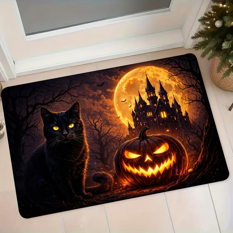 Halloween Dark Black Cat Pumpkin Lantern Castle Flannel Mat Home Entrance Door Hallway Anti-Slip Foot Mat Bathroom Water-Absorbing Welcome Mat