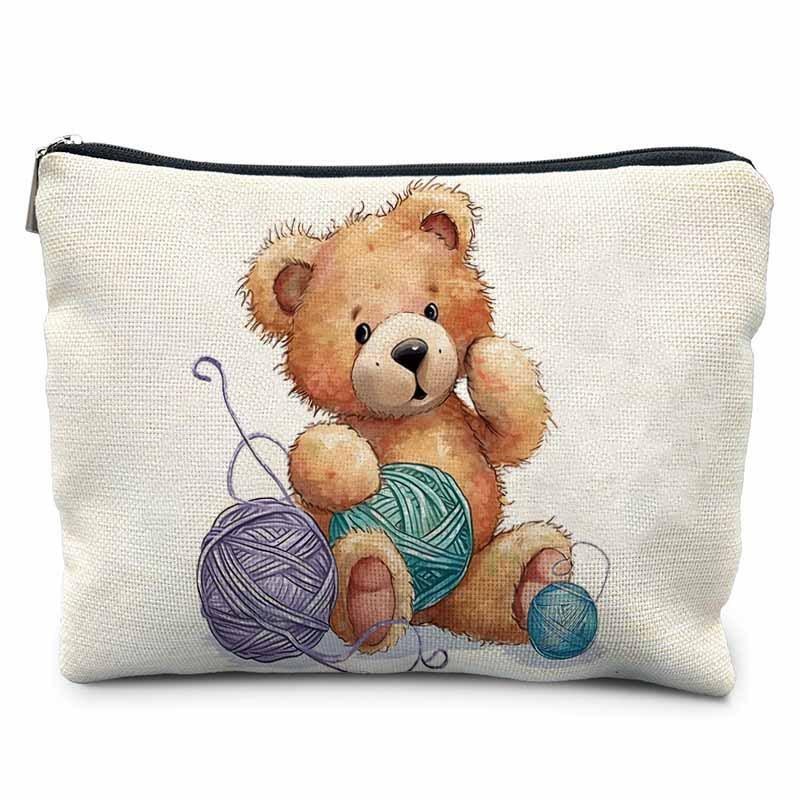 Creative Sewing Theme Print Makeup Bag Polyester Zipper Pouch Button Yarn Cat Pattern Organizer for Travel Daily Use 21.5x15cm