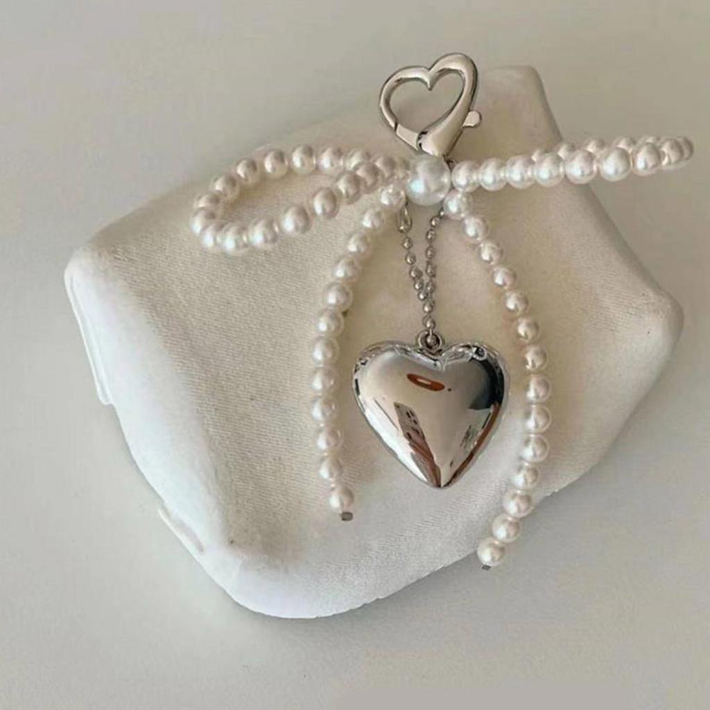 Pearls Beaded Phone Lanyard Bowknot Heart Pendant Keychain Stylish Phone Charm Keyring Bag Charm Accessory for Women