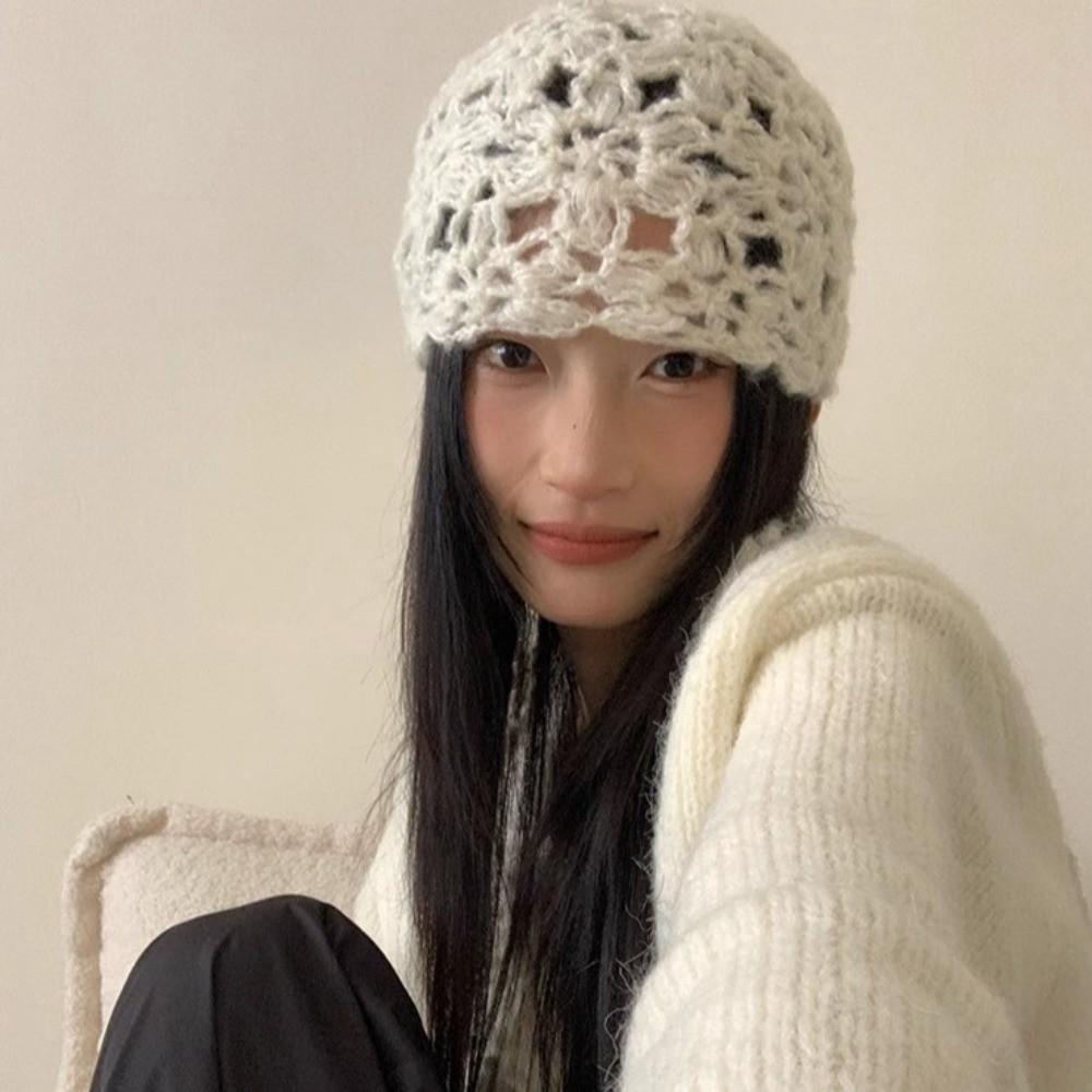 Solid Color Knitted Pullover Hat Hollow Beanies Cap Cute Crochet Flower Hat  Ladies