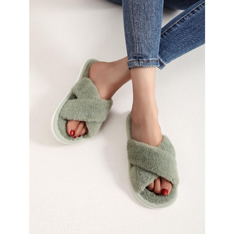 Girls fluffy cross slippers new fashion household autumn and winter warm cotton slippers women