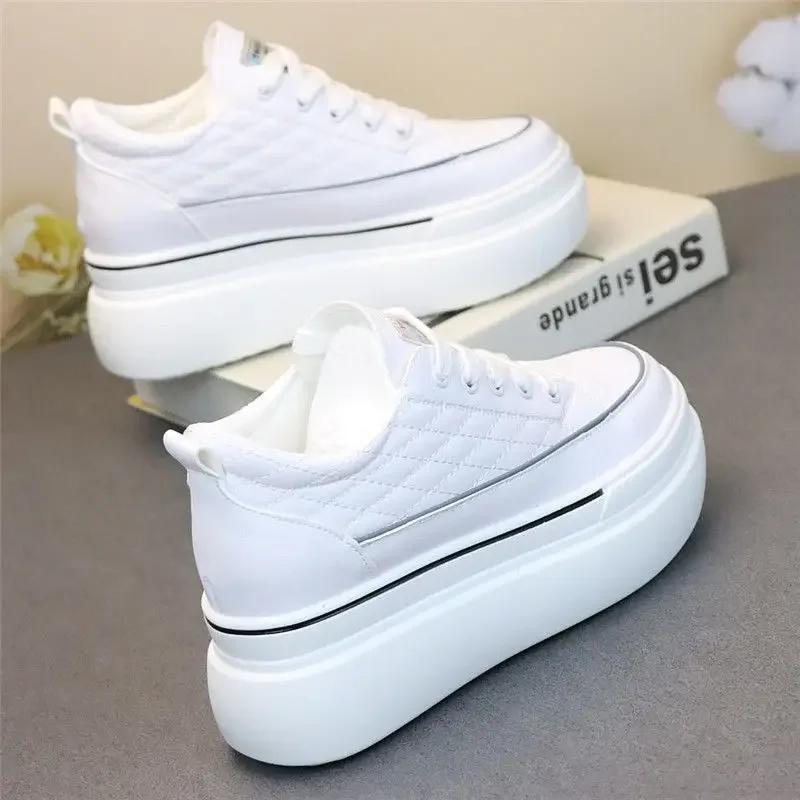 Fashion Platform Shoes All-Match Women's Leather Breathable White Shoes Invisible Height Increasing Insole Comfort and Casual Sneakers