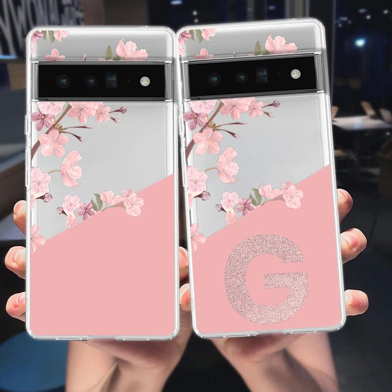 Розовый чехол для телефона с цветами и буквами для Google Pixel 9 Pro XL 8 7 6 Pro 8A 7A 6A 5 4 5A 4A 3A XL 5G ударопрочный мягкий ТПУ прозрачная крышка